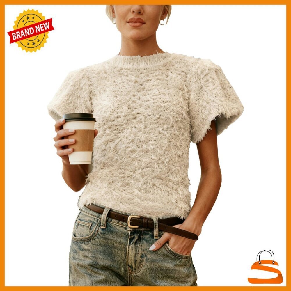 Fuzzy Knit Cropped Sweater with Puff Sleeves - Vintage Inspired Pullover